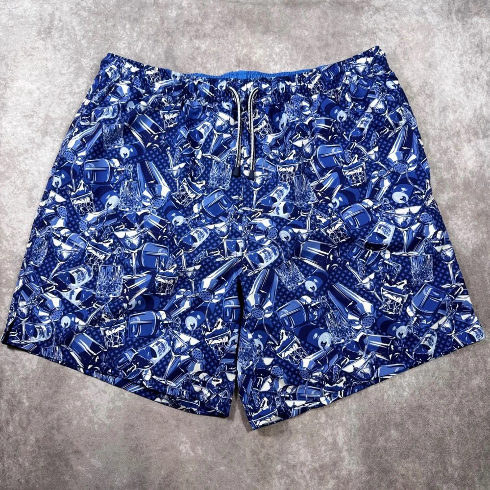 Peter Millar Seaside Mens XL Blue Cocktail Martini Print Swim Trunks Shorts